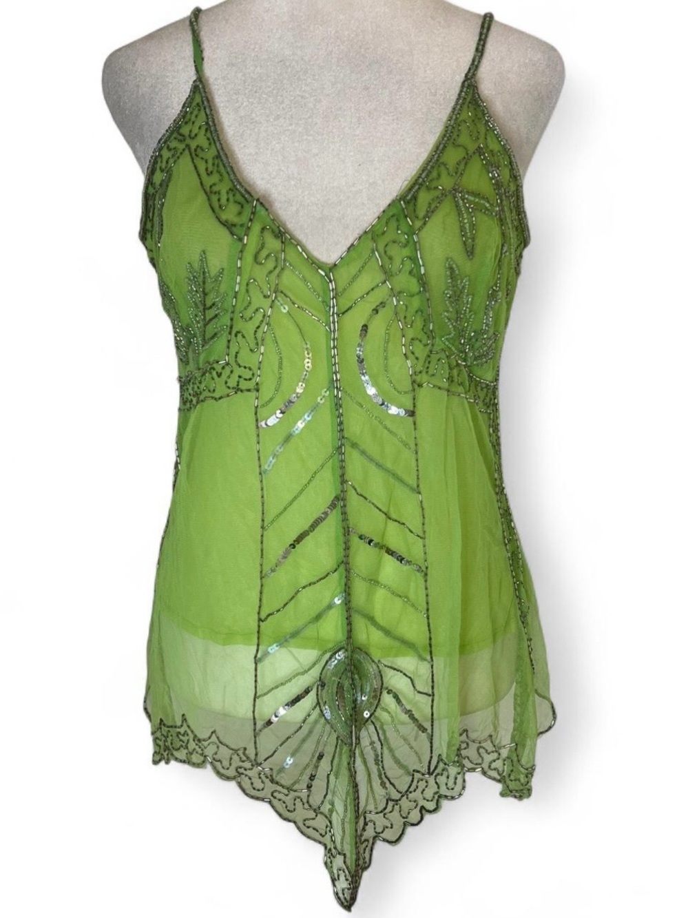 feathers Lime Green Beaded Sheer V-Neck Camisole